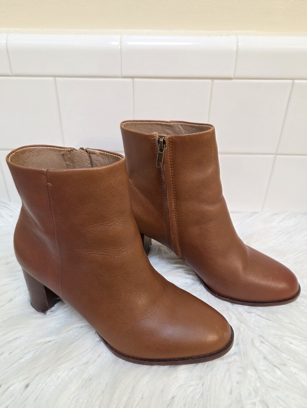 Madewell Cognac Brown Leather Ankle Booties with Side Zip